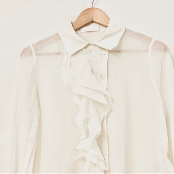 CHLOÉ Silk & Cotton Sheer Ruffle Button Up Blouse - Picture 3 of 11